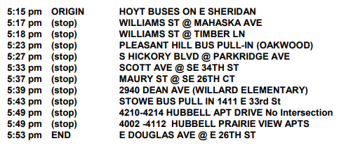 Late Bus Stop List